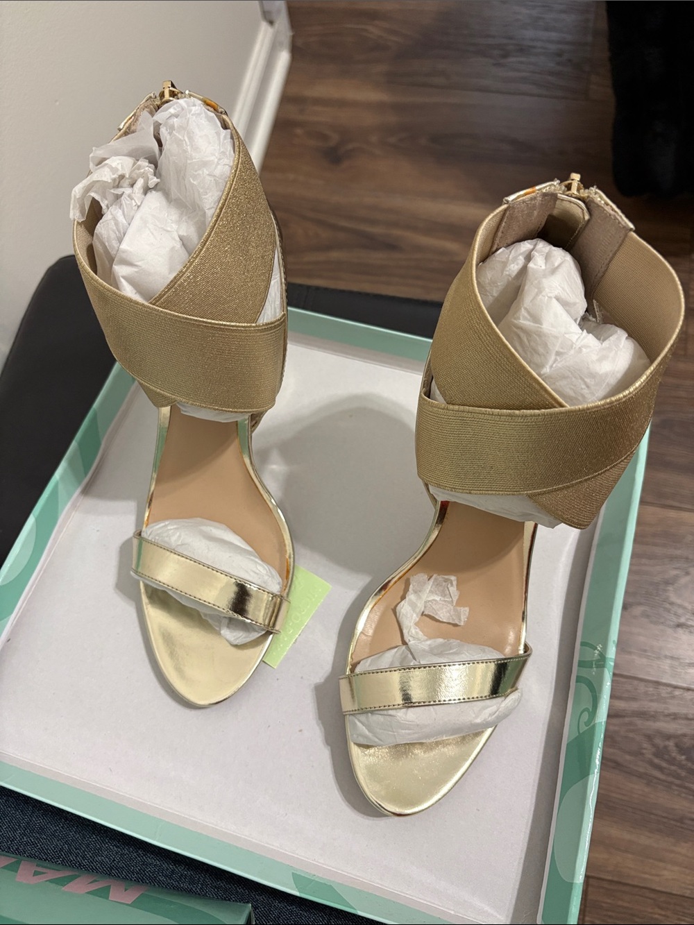 Madeline Gold Metallic High Heel Sandals with Wide Crisscross Ankle Strap